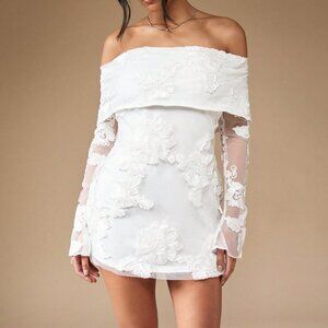 White Elegant Womens Embroidered Flap Off Shoulder Bardot Long Sleeve Mini Dress